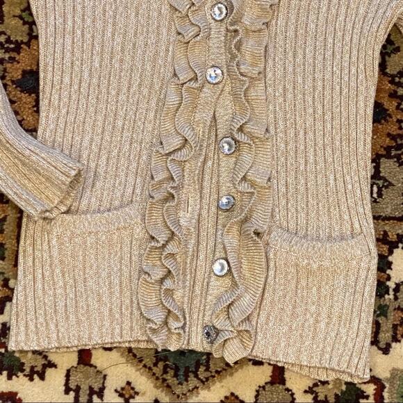 RUBY RD. M Gold-Dusted Ruffle Edged Cotton Blend Cardigan Sweater w/ Pockets - Picture 3 of 8